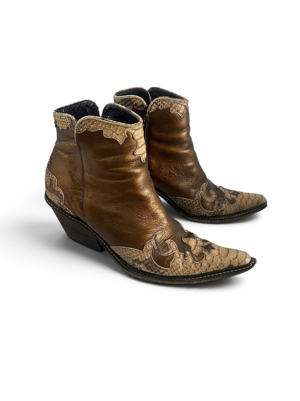 Donald J. Pliner Couture Collection Bronze Leather Snakeskin Cowboy Bootie 8.5